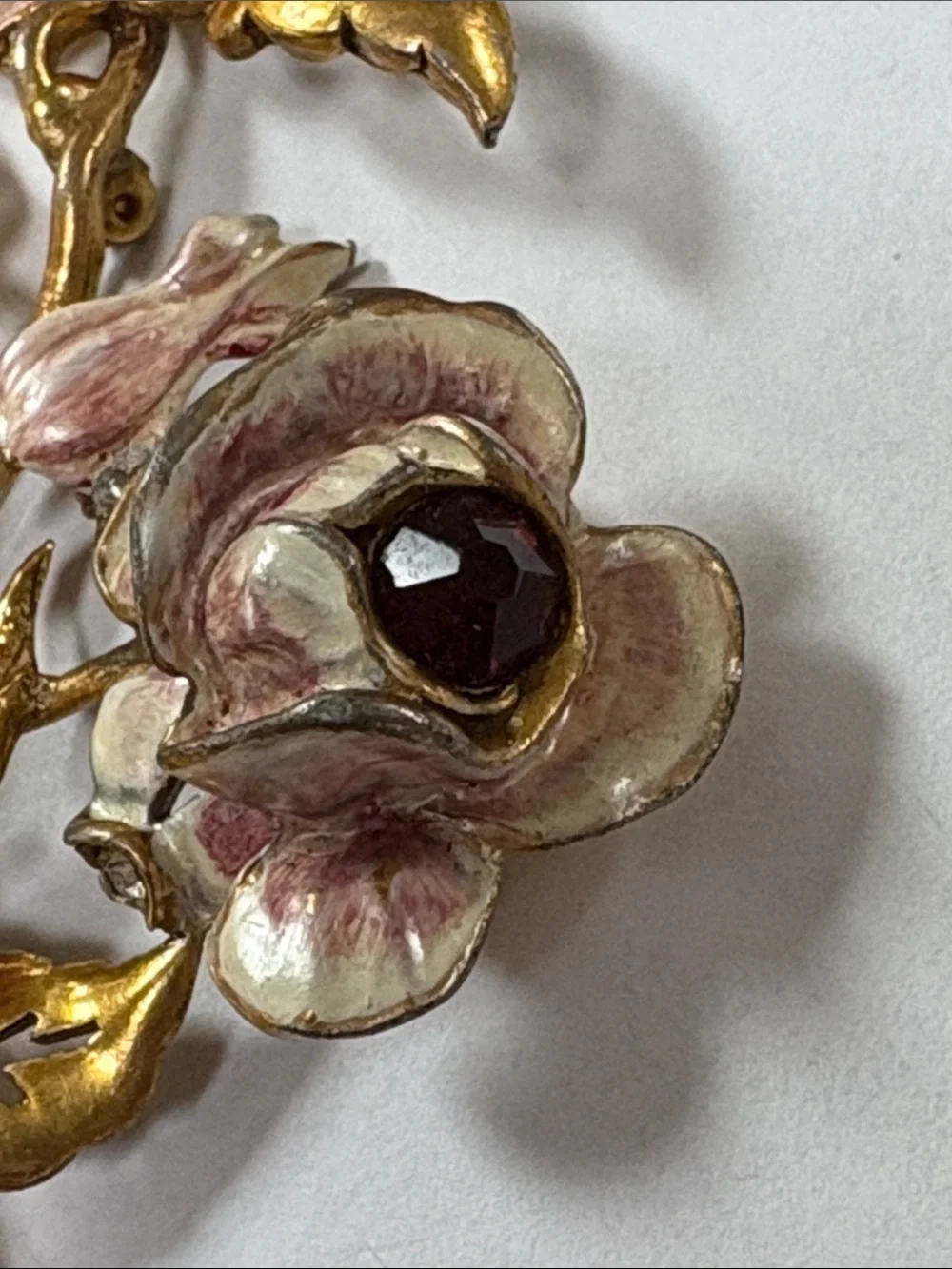 Pink Enamel Floral Brooch with Gold-Tone Leaves